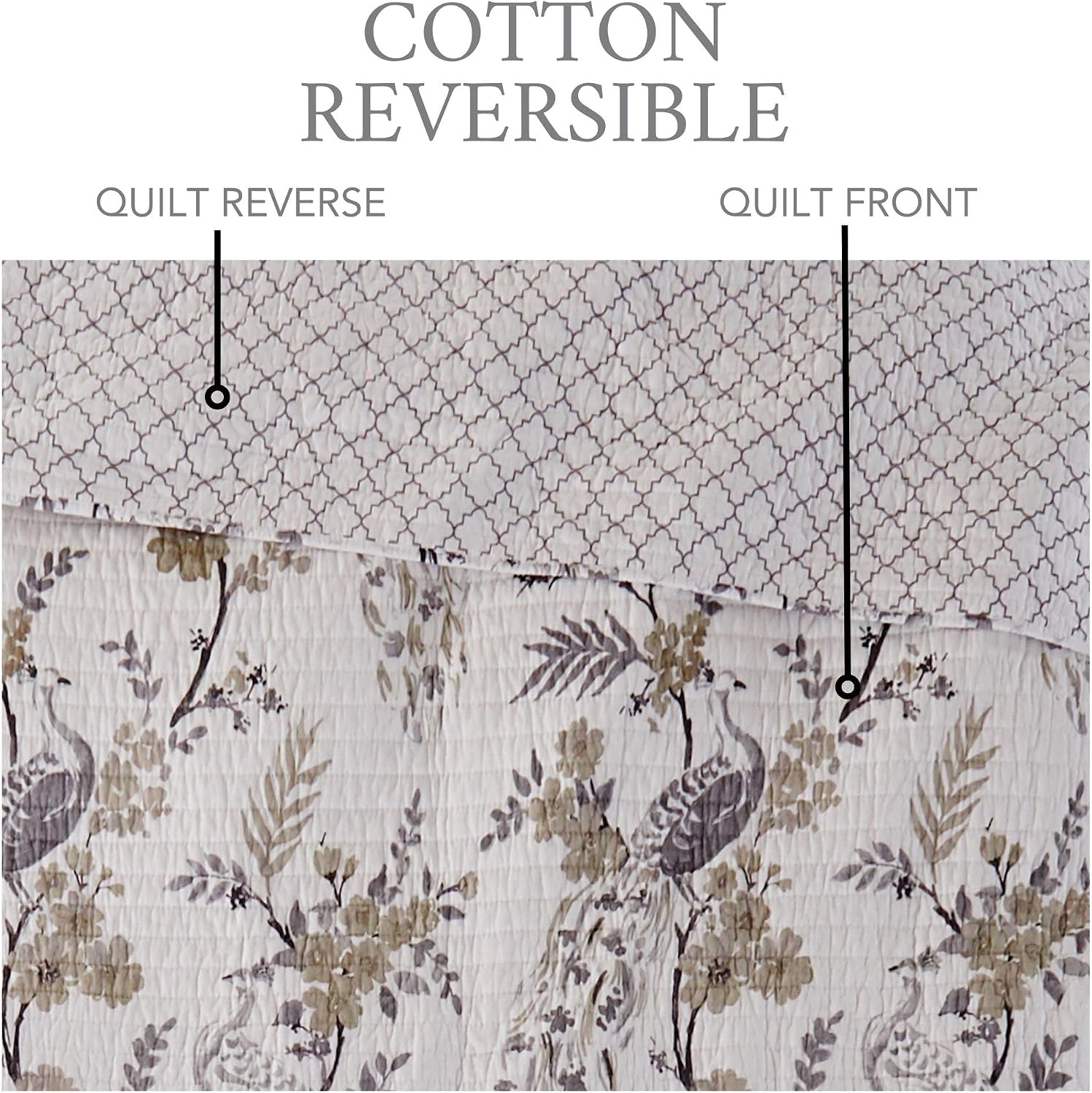 Levtex Home Pisa Reversible King/Cal King Quilt Set (106x92in) with 2 Pillow Shams (36x20in) - Floral Peacock - Grey, Taupe - 100% Cotton King Size Quilt Bedding Set - Lightweight, Soft, Pre-Washed