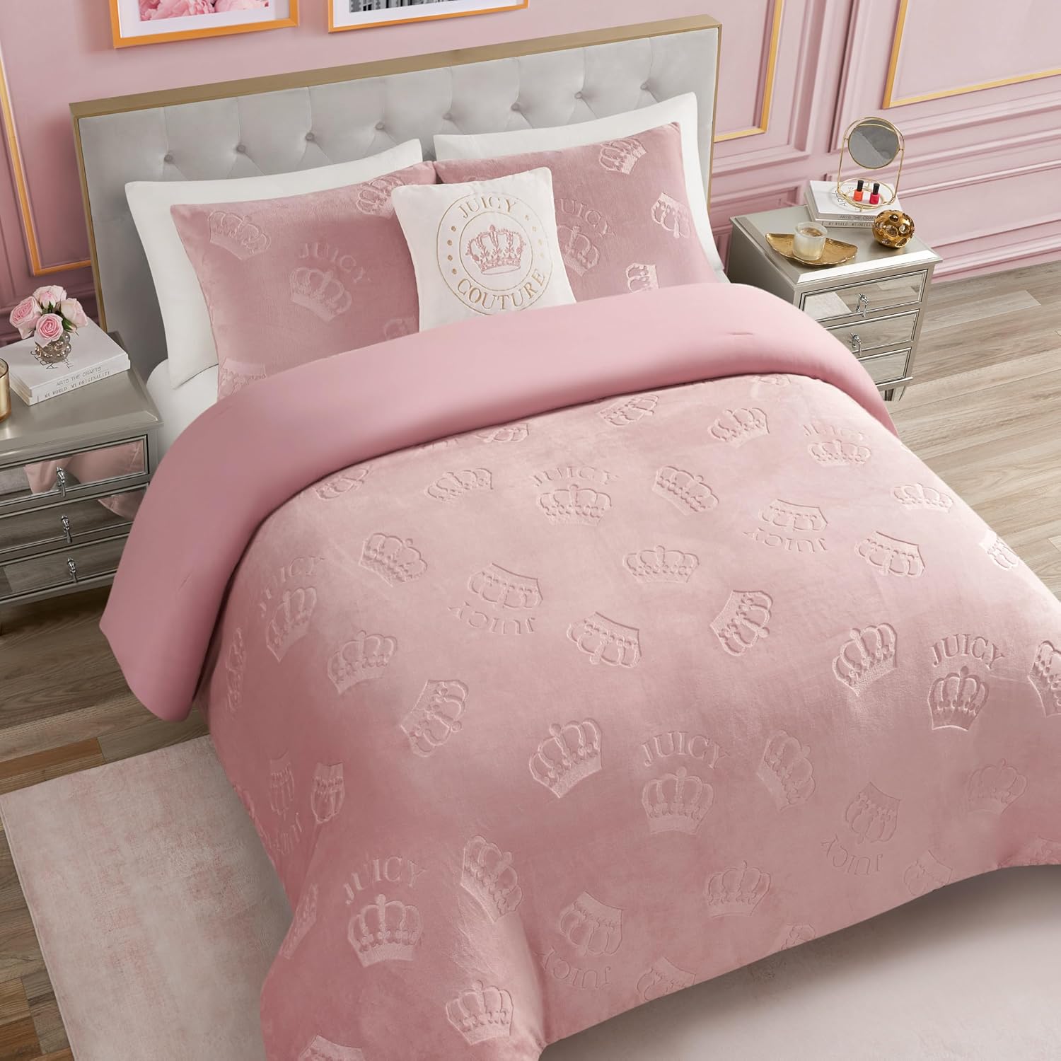 Juicy Couture Plush Reversible Embossed Crown 3-Piece Twin/Twin XL Comforter Set with Decorative Pillow, Light Pink