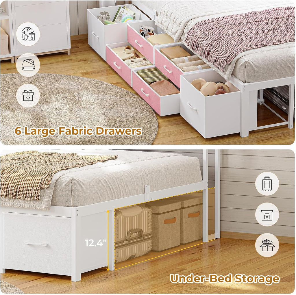 MSmask 14 Inch Corner Bed Frame with Bookcase Storage, Twin Daybed with 6 Drawers, Charging Station and LED Light, Twin Size Metal Platform Bed Frame for Kids Teenagers, Pink