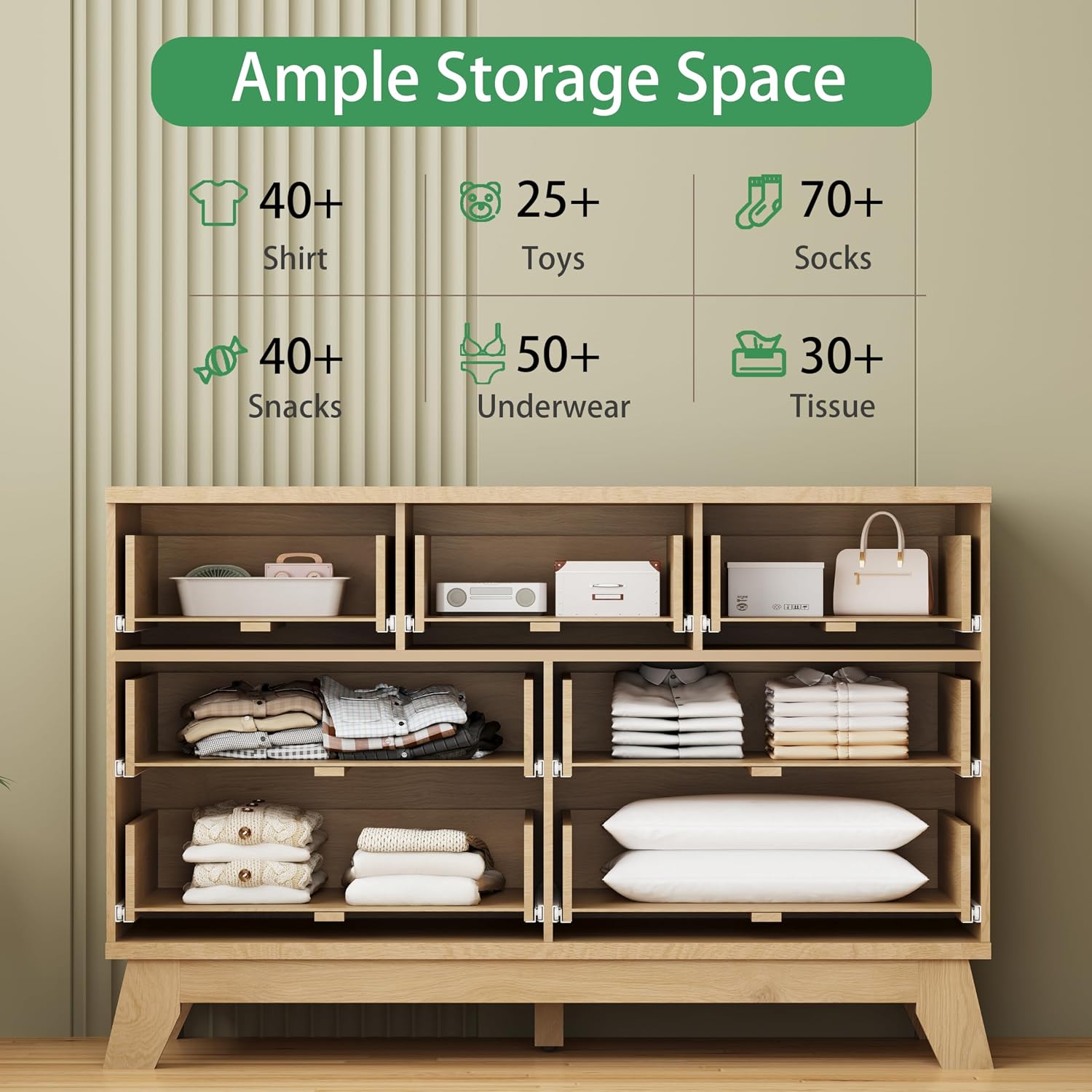 Fluted Dresser for Bedroom with 7 Drawers, 48' Wide Modern Chest of Drawers with Metal Handle, Wood Dresser TV Stand, Wooden Closet Clothes Storage Organizer for Living Room, Hallway, Natural Oak