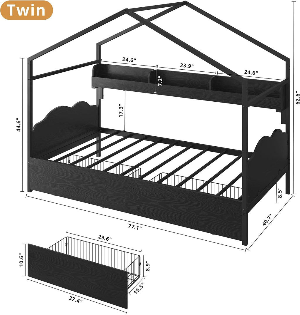 LIKIMIO Twin Bed Frame with 2 Storage Drawers, DIY House Bed with Bookshelf & Curved Headboard & Footboard, Twin Corner Bed Frames for Bedroom, No Box Spring Needed, Black