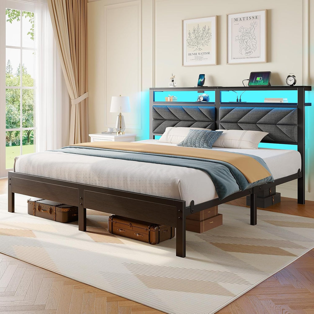 Seventable Bed Frame King Size with Charging Station, LED Bed with Upholstered Storage Headboard, Metal Platform Bed with Under Bed Storage, No Box Spring Needed, Noise Free, Easy Assembly, Grey