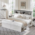 ACCOHOHO Farmhouse King Size Bed Frame with 52' High Storage Bookcase Headboard and 4 Drawers,Wooden Bed Frame with LED Light and Charging Station,White