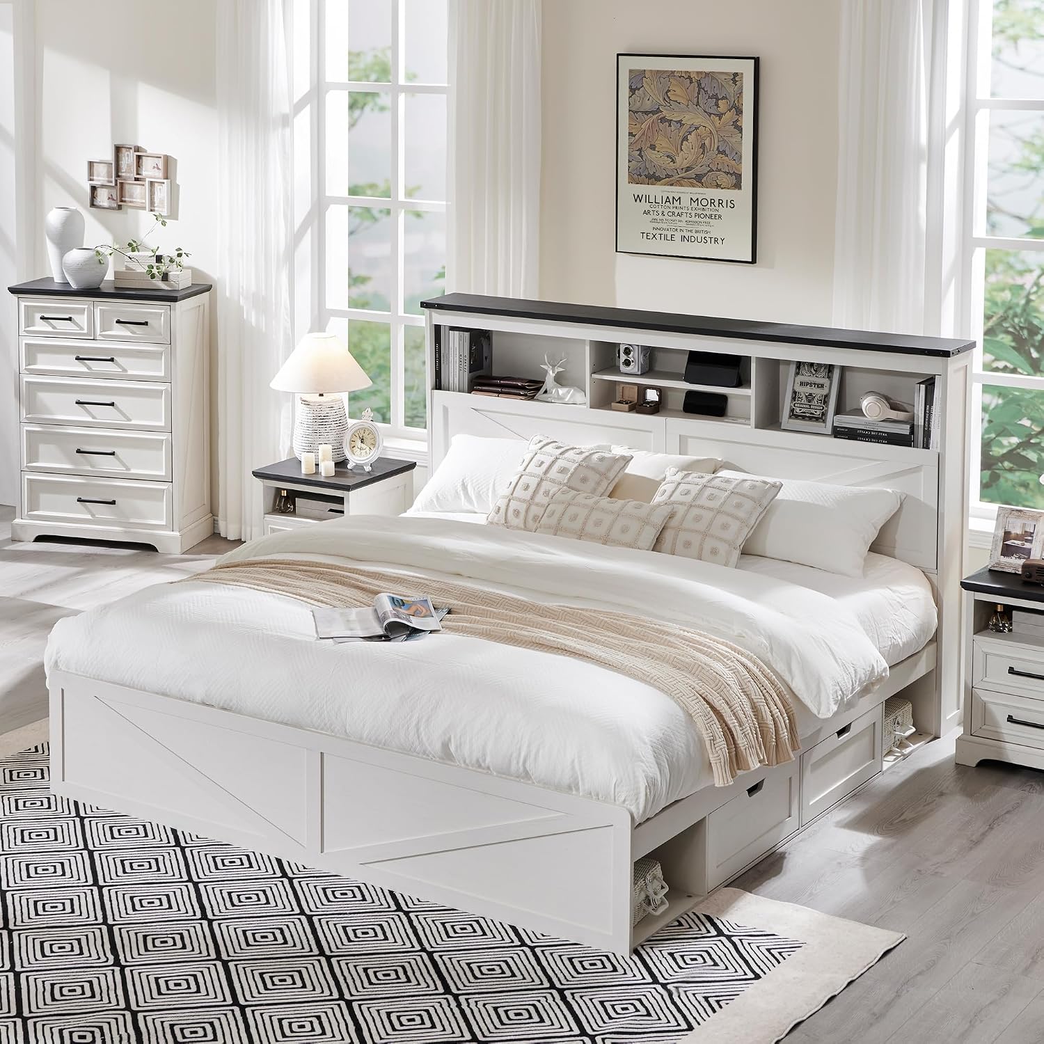 ACCOHOHO Farmhouse King Size Bed Frame with 52' High Storage Bookcase Headboard and 4 Drawers,Wooden Bed Frame with LED Light and Charging Station,White