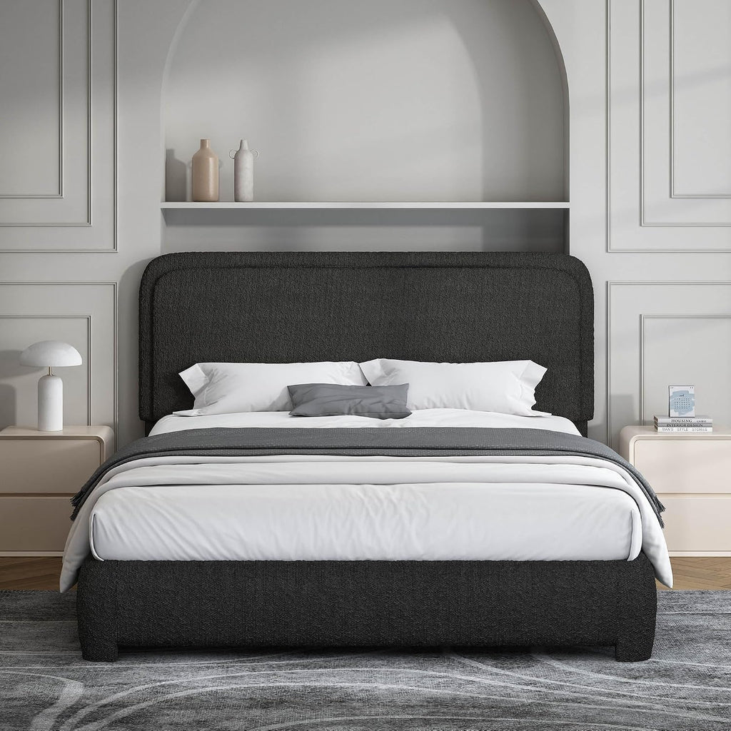 BarnFurin Queen Bed Frame, Boucle Upholstered Platform Bed Frame with Headboard, Soft Rounded Corners, No Box Spring Required, Non-Slip and Noise-Free, Easy Assembly, Black