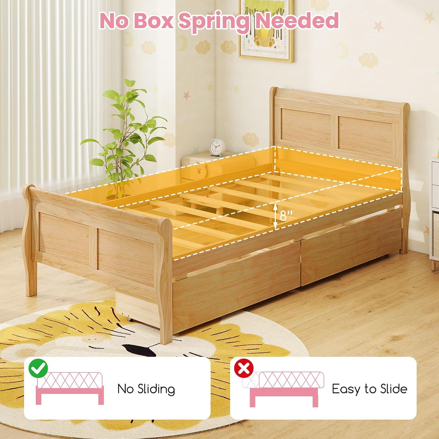 KOMFOTT 2 Twin Bed with 2 Drawers, Twin Storage Bed with Headboard for Bedroom, Sleigh Wood Bed Frame with Wooden Slats Support for Kids, Teens, Adults, No Box Spring Needed (Natural)