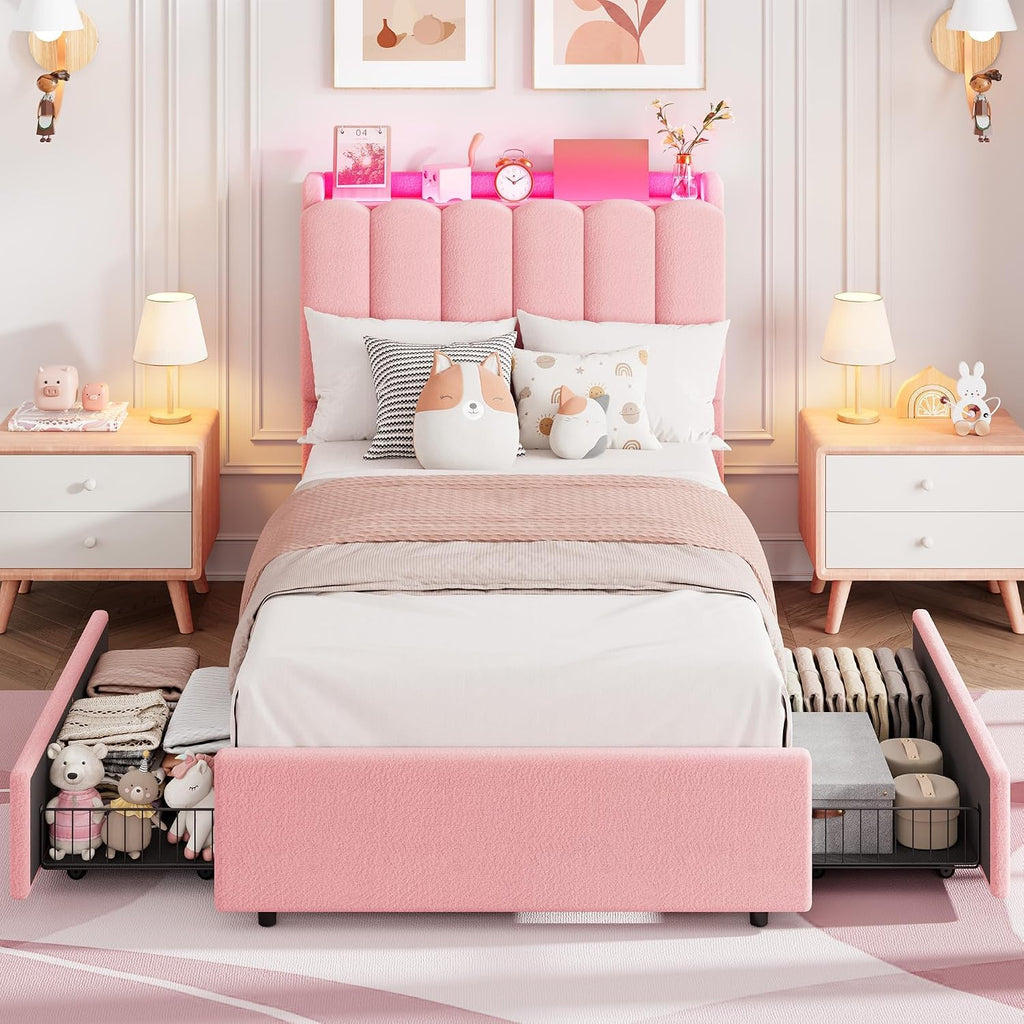 Garvee LED Twin XL Bed Frame with Storage Headboard, Kids Bed Frame with 2 Drawers, Boucle Upholstered Platform Bed for Girls, Chic Wavy Headboard with Bookcase, No Box Spring Needed, Pink