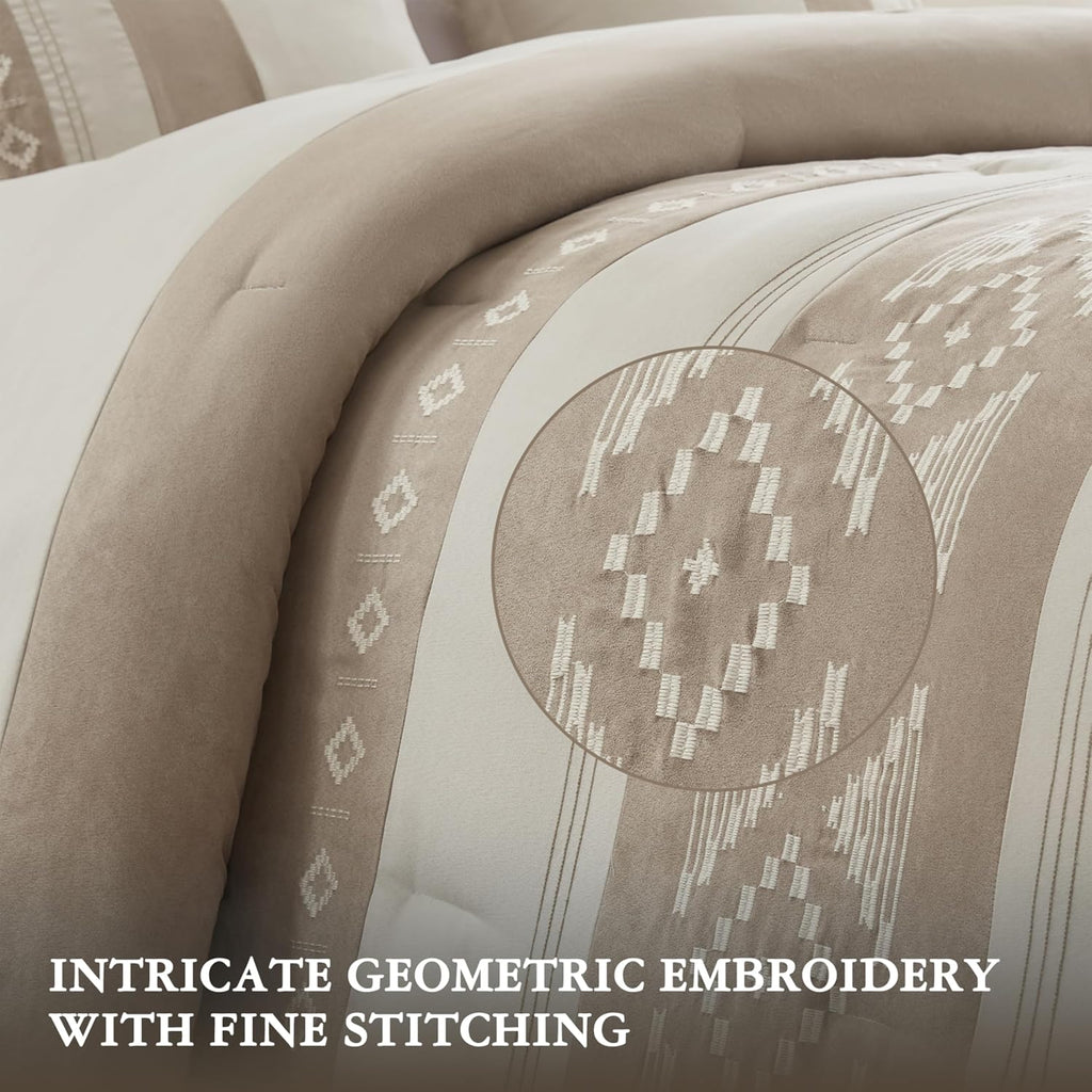 Woolrich Queen Comforter Set – Sutherland 5-Piece Microsuede Embroidered Bedding Set with Decorative Pillows, Taupe