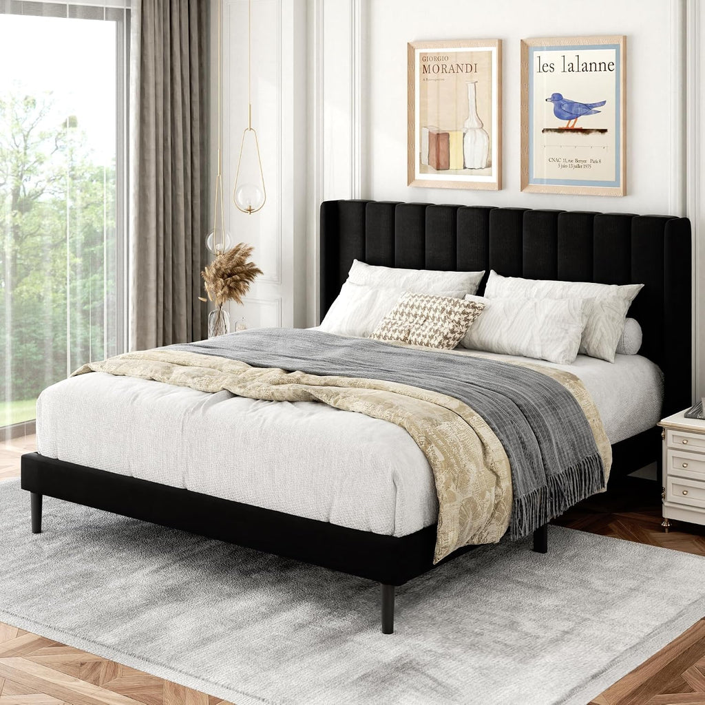 Gruwans Queen Size Bed Frame with Upholstered Wingback Headboard, Easy Assemnly Platform Bed, Wooden Slat Support No Box Spring Needed, Black Velvet
