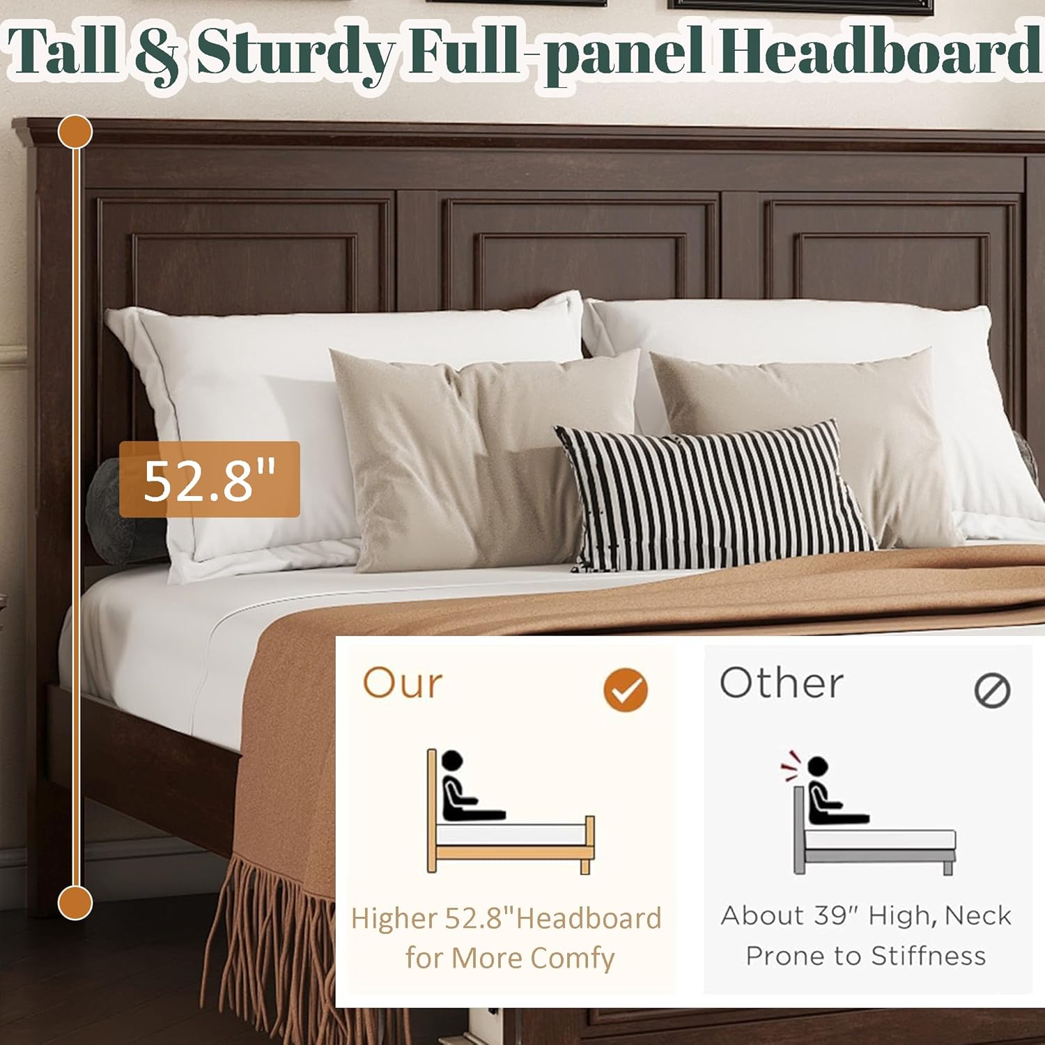 Mirightone King Size Platform Bed with Tall Headboard & Footboard, Pinewood King Bed Frame with Wood Panel Bed Base, No Squeak, No Box Spring Needed, Traditional Style, Brown