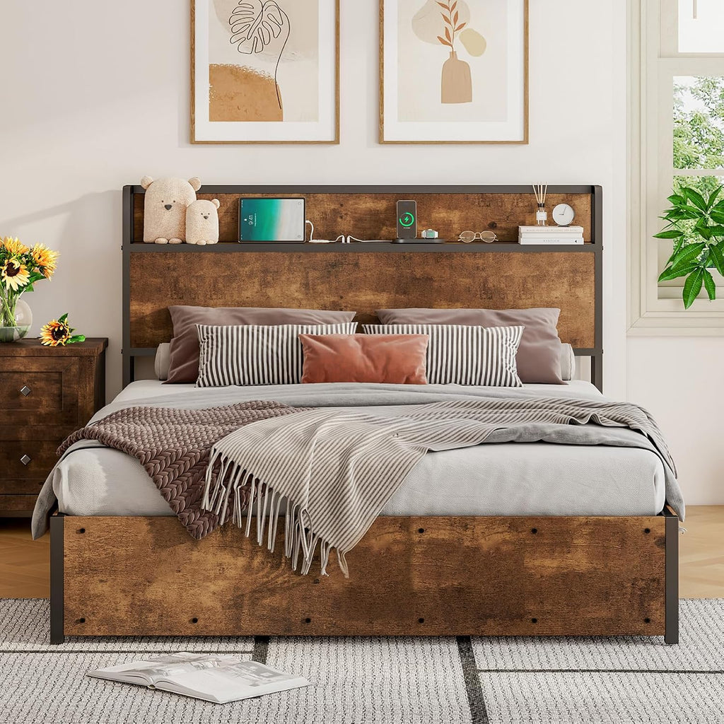 LUXOAK Full Size Lift Up Storage Bed, Wood Platform Bed Frame with Storage Headboard & Charging Station, No Box Spring Needed, Easy Assembly, Rustic Brown