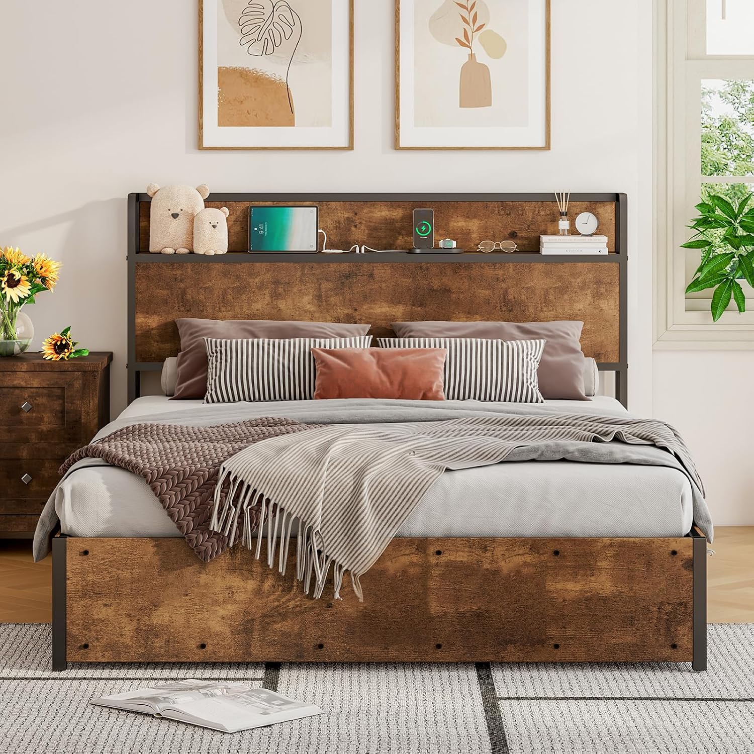 LUXOAK Full Size Lift Up Storage Bed, Wood Platform Bed Frame with Storage Headboard & Charging Station, No Box Spring Needed, Easy Assembly, Rustic Brown