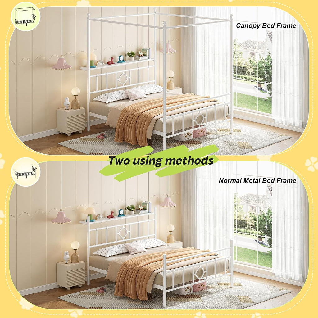 Homkdom Canopy Bed Frame with Storage Headboard, Full Size Bed Frame with 4 Removable Posts, Sturdy Metal Platform with Under-Bed Storage, Dual Purpose Bed Frame, No Box Spring Needed, White