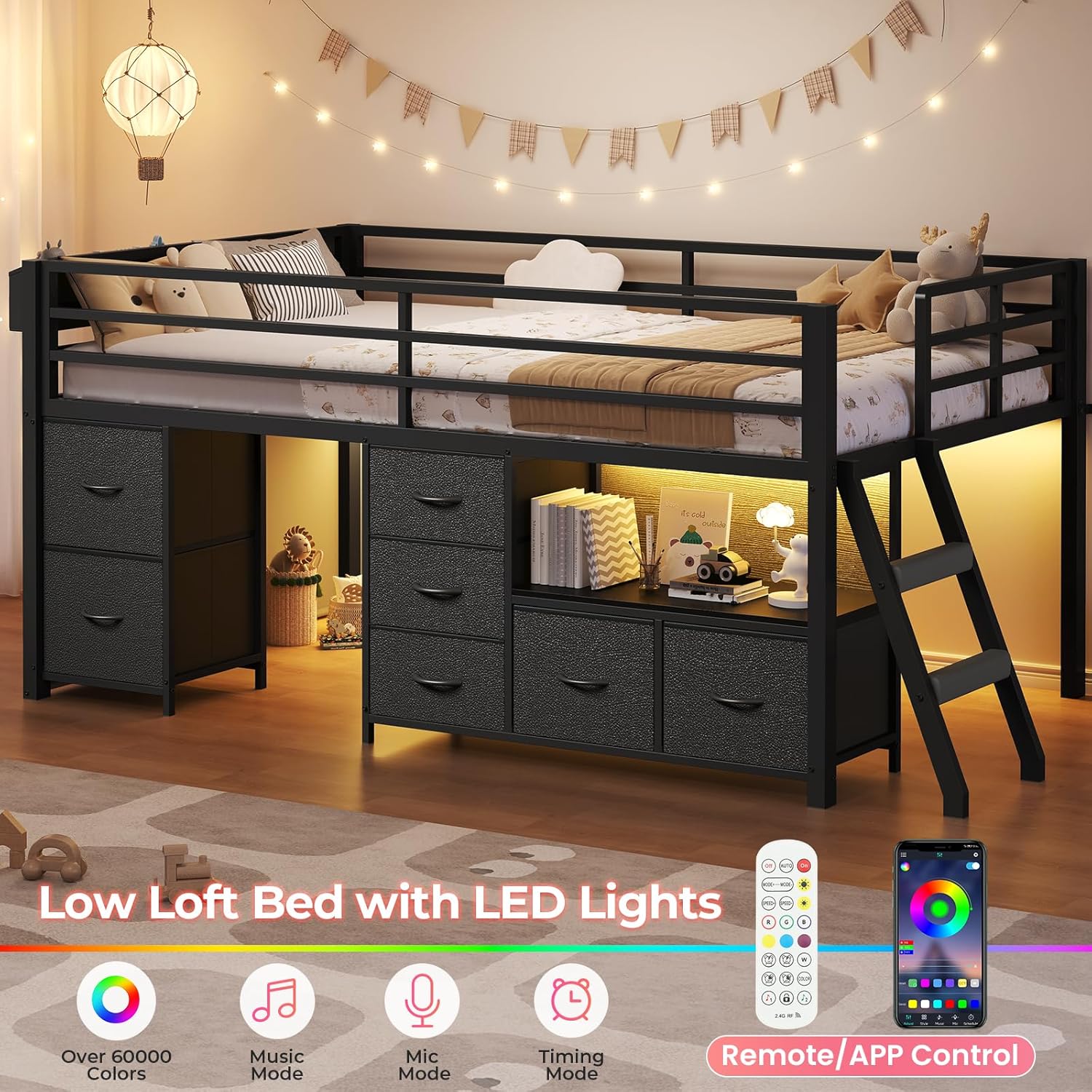 ADORNEVE Low Loft Bed Twin Size with 7 Storage Drawers, Bookcase and LED Lights, Metal Kids Loft Bed with 14' H Safety Guardrail,Inclined Ladder and Play Curtain, Under-Bed Play Space, Black
