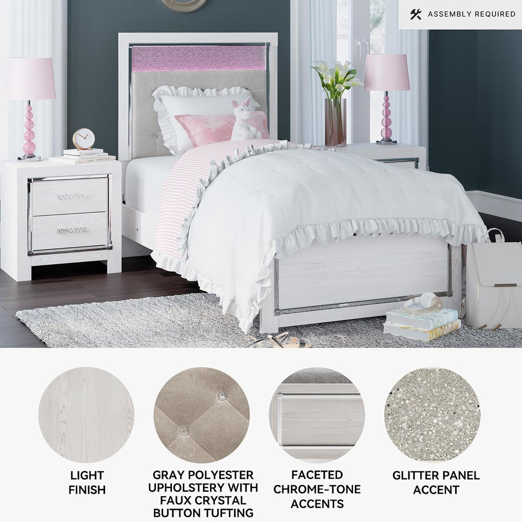 Signature Design by Ashley Altyra Contemporary Adjustable Tufted Twin Upholstered Panel Bed with LED Lights and Metal Slats, Foundation or Box Spring Needed, White & Gray