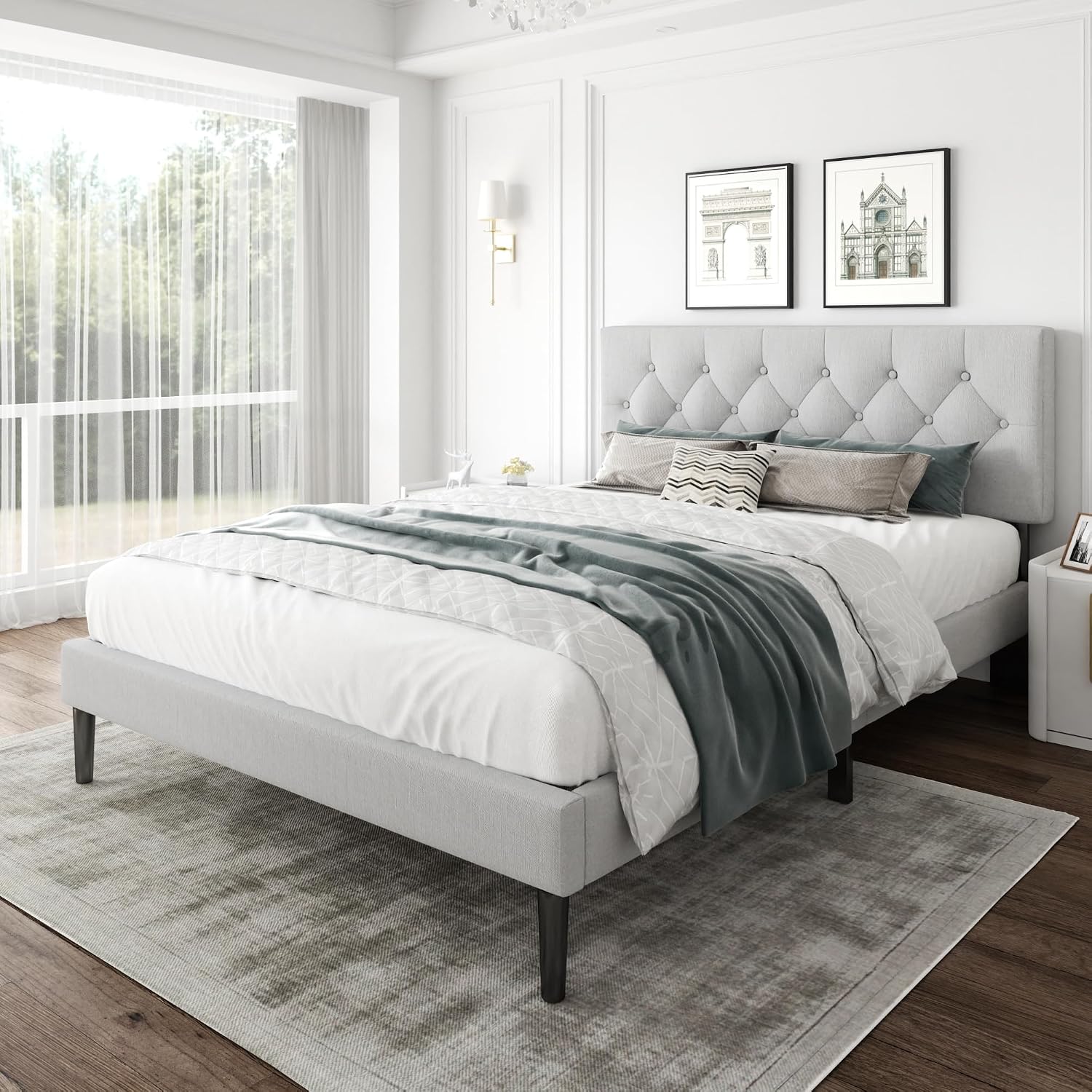 CXVX Queen Size Platform Bed Frame with Upholstered Headboard, Button Tufted Design, Strong Wooden Slats, No Box Spring Needed, Easy Assembly, Noise Free