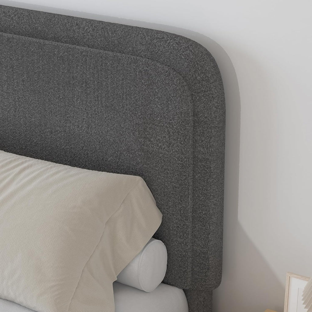 BarnFurin Twin Size Bed Frame, Boucle Upholstered Platform Bed Frame with Headboard, Soft Rounded Corners, No Box Spring Required, Non-Slip and Noise-Free, Easy Assembly, Dark Grey