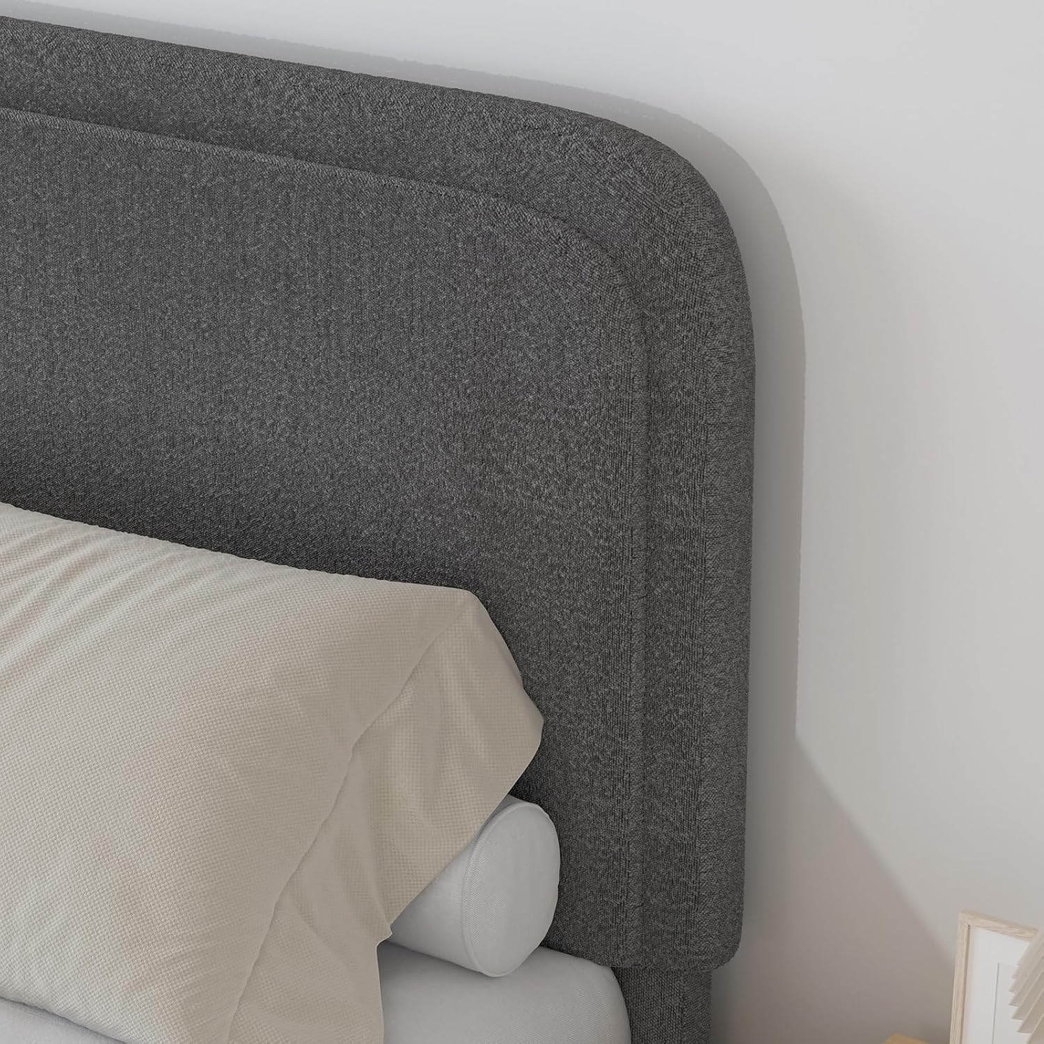 BarnFurin Twin Size Bed Frame, Boucle Upholstered Platform Bed Frame with Headboard, Soft Rounded Corners, No Box Spring Required, Non-Slip and Noise-Free, Easy Assembly, Dark Grey