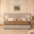 Chenille Upholstered King Size Bed Frame with Pleated Design, Integrated Headboard and Nightstands, Adjustable Bedside Lamps, No Box Spring Needed, Luxury Bedroom Furniture (Light Beige)