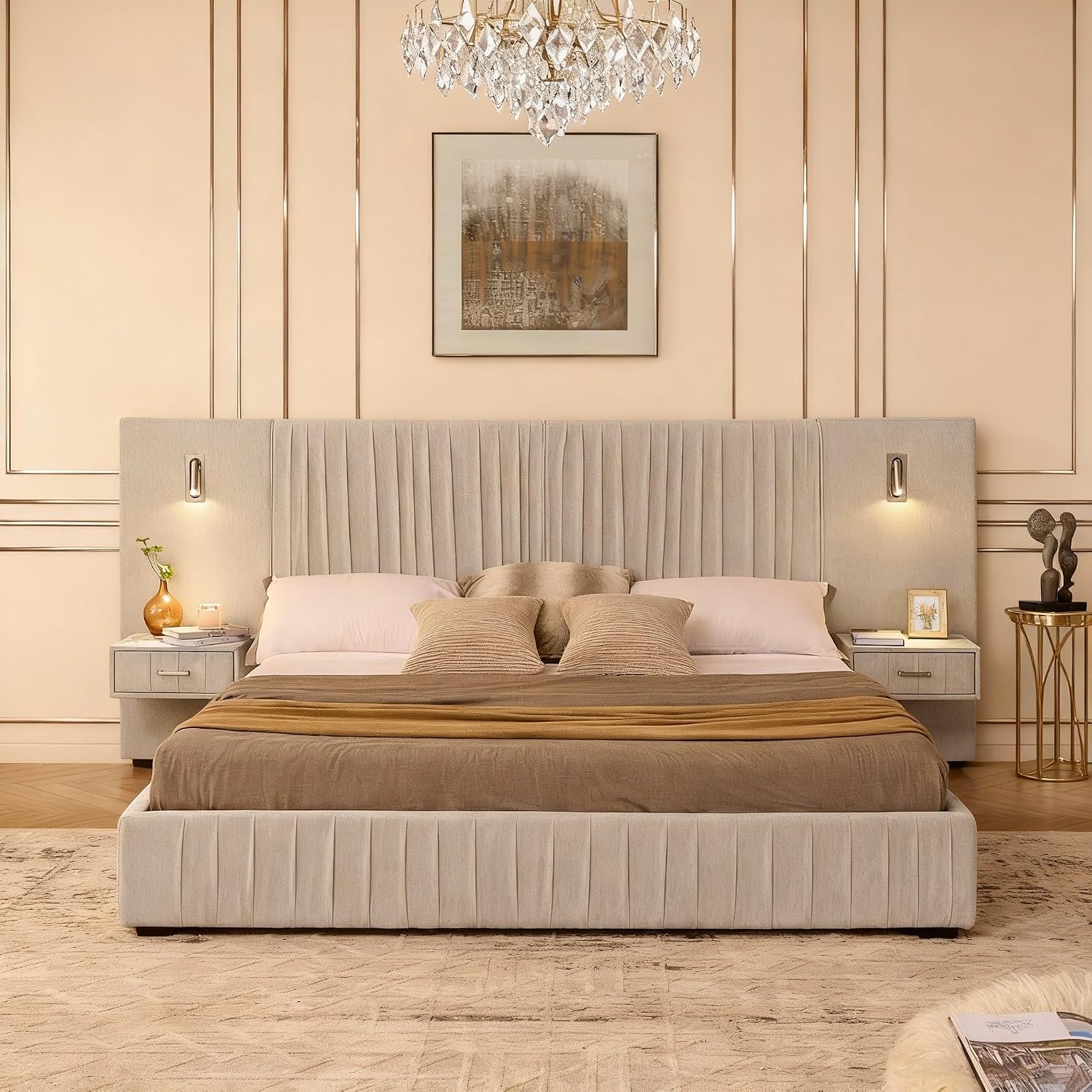 Chenille Upholstered King Size Bed Frame with Pleated Design, Integrated Headboard and Nightstands, Adjustable Bedside Lamps, No Box Spring Needed, Luxury Bedroom Furniture (Light Beige)