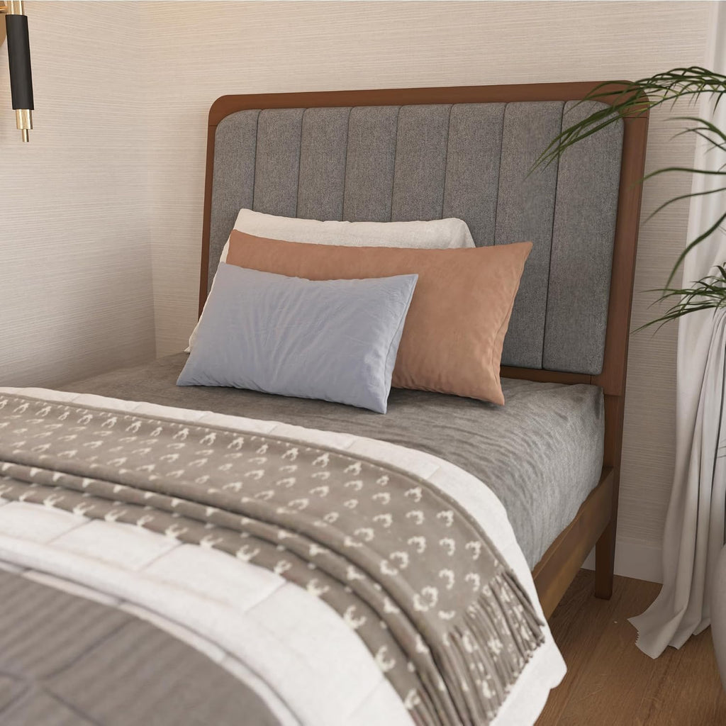 DG Casa Raven Solid Wood Twin Size Bed Frame - Mid Century Modern Style, Platform with Tufted Upholstered Adjustable Height Headboard, No Box Spring Required, Walnut Finish, Brown Fabric