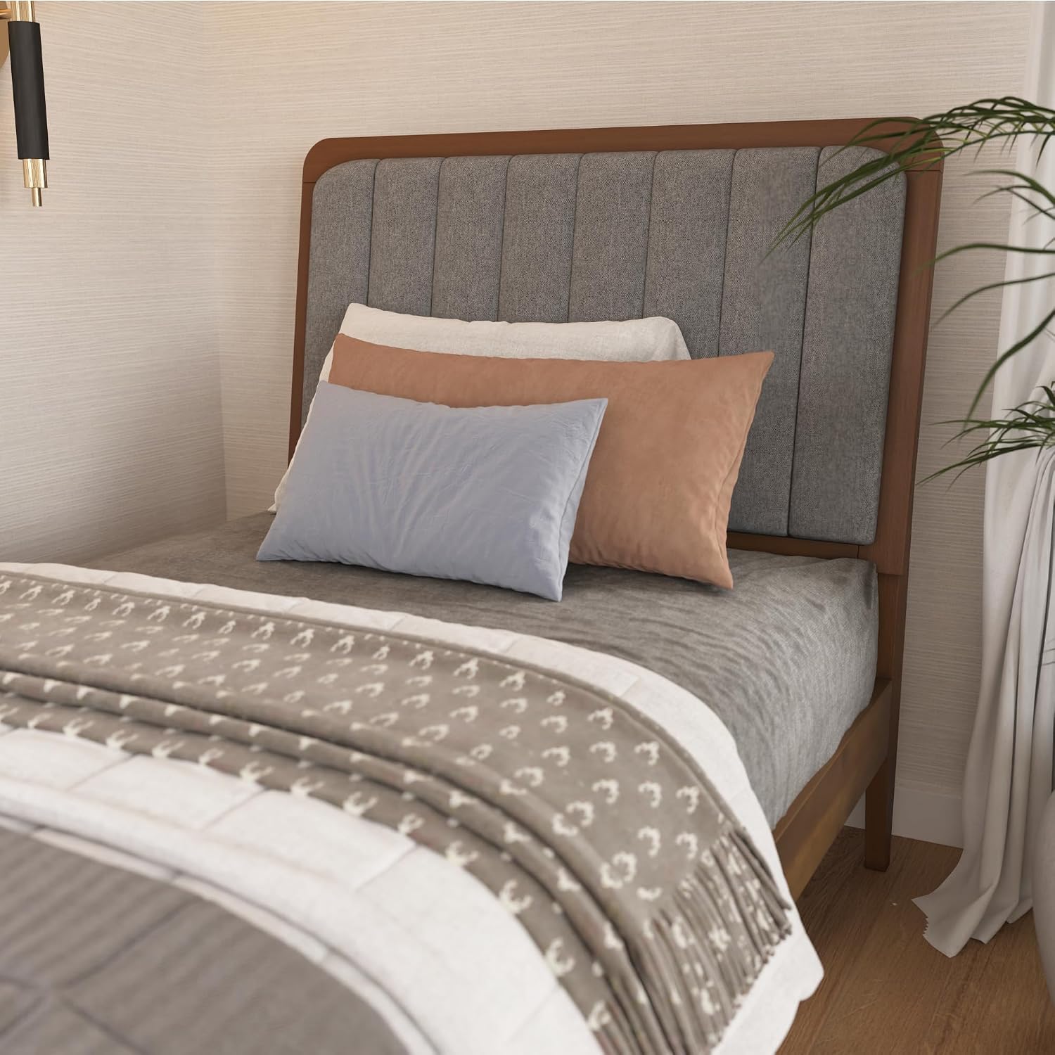 DG Casa Raven Solid Wood Twin Size Bed Frame - Mid Century Modern Style, Platform with Tufted Upholstered Adjustable Height Headboard, No Box Spring Required, Walnut Finish, Brown Fabric
