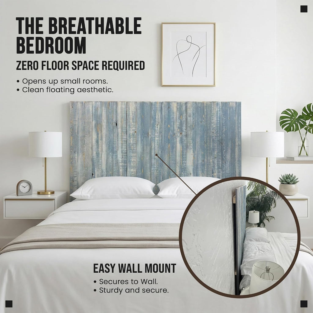 Barn Walls Solid Wood Queen Headboard, Wall Mounted Floating Fluted Headboard for Queen Bed Size, Farmhouse Rustic Mid Century Style, Low Profile Mount, Blue Powderwash, 64.5' L x 2' W x 36' H