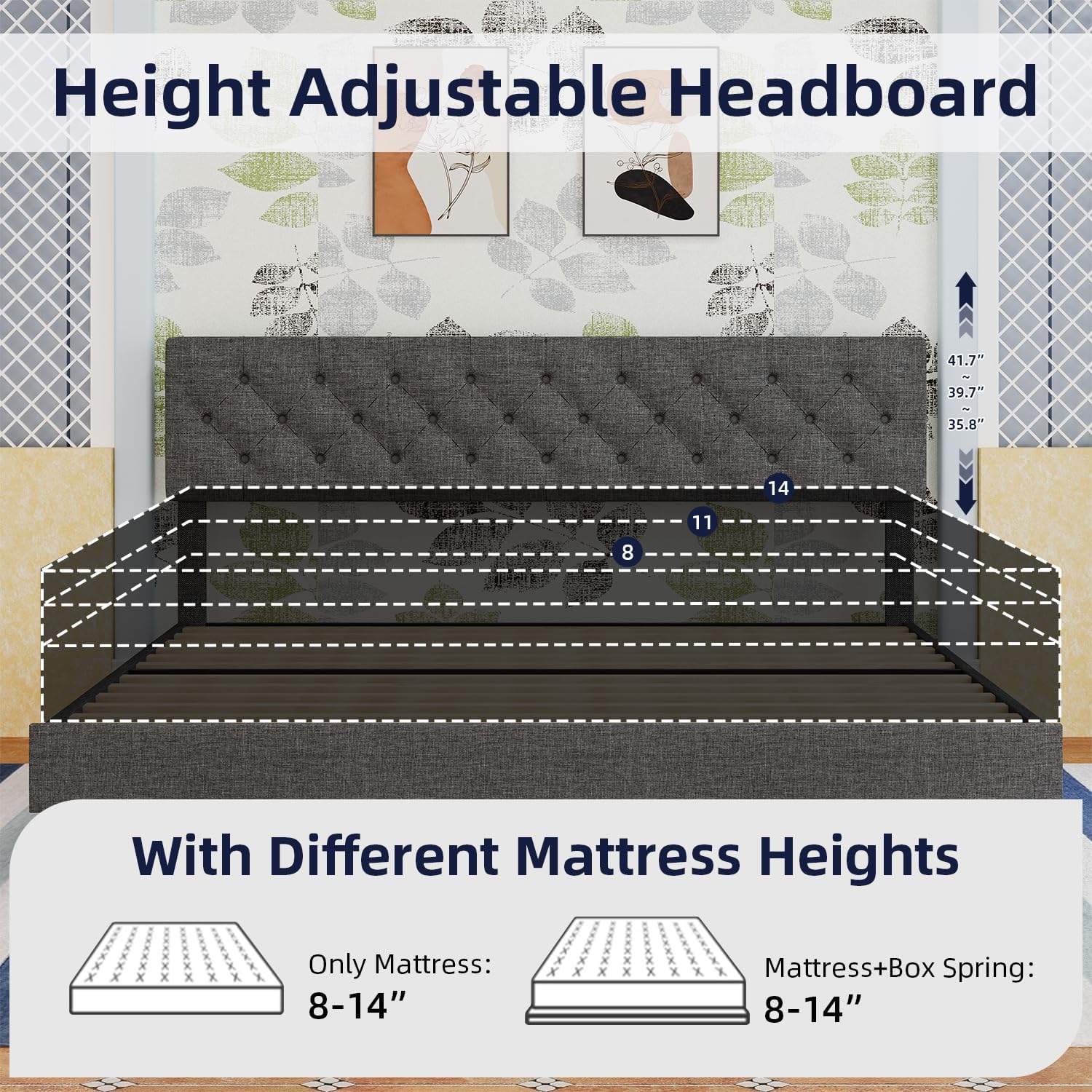 BarnFurin King Size Platform Bed Frame, Fabric Upholstered Bed with Button Tufted Headboard, Adjustable Headboard Design, Easy Assembly, No Box Spring Required, Light Grey