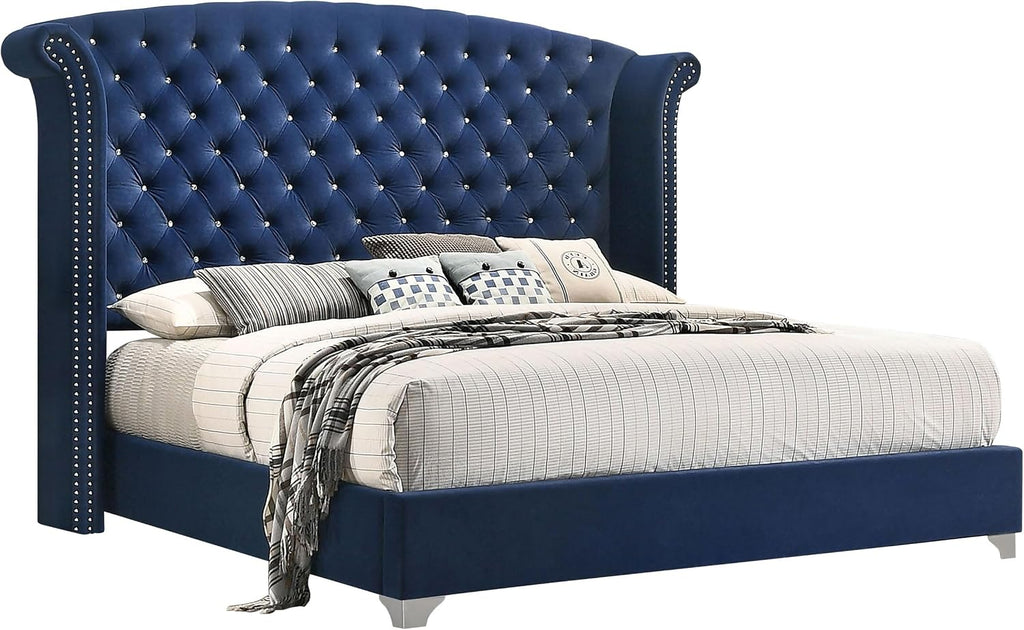 Coaster Home Furnishings Melody Modern Classic 4-Piece Bedroom Set Velvet Upholstered California King Size Wingback Bed Frame 66-inch Headboard Pacific Blue 223371KW-S4