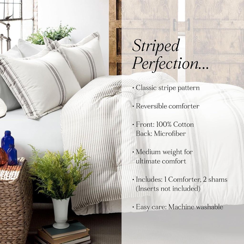 Lush Decor Farmhouse King Size Comforter Set, Reversible Cotton, 3 Piece Set, California King, Gray - Cozy Bedding - Rustic Decor - Modern Farmhouse Bedroom Decor