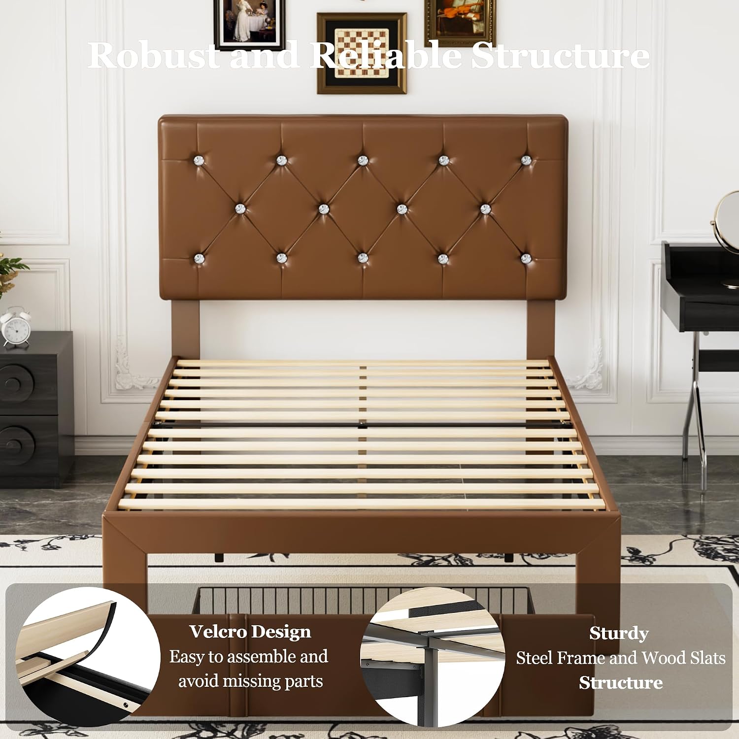 VECELO Twin Size Bed Frame with Storage Drawers, Leather Upholstered with Diamond Tufted Headboard, Solid Wood Slat Support, No Box Spring Needed, PU & Brown