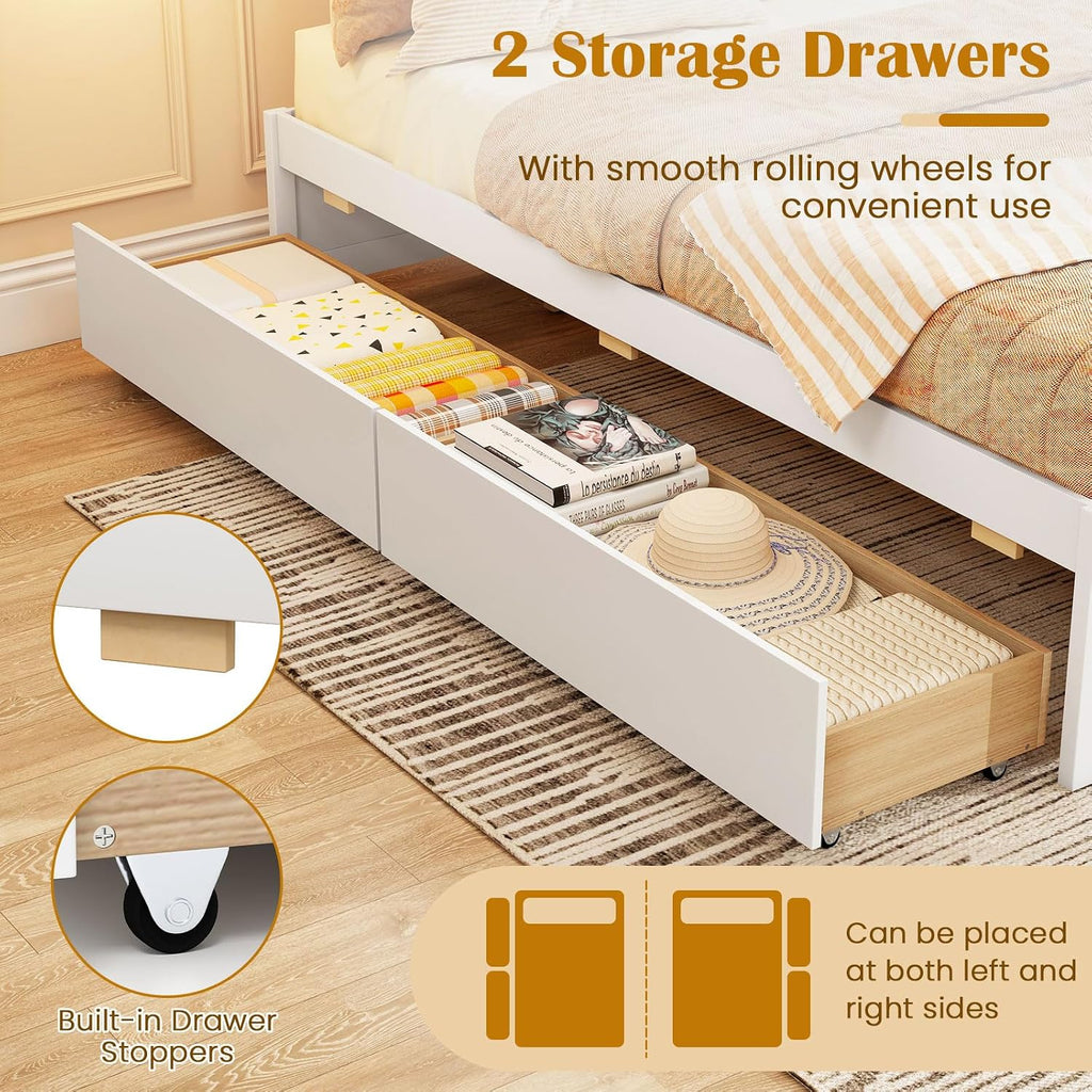 Giantex Full Size Bed Frame with 2 Storage Drawers, Solid Wood Platform Bed with Slats Support, Heavy Duty Daybed with Storage, No Box Spring Needed, Full Bed Frames for Teens Adults, White