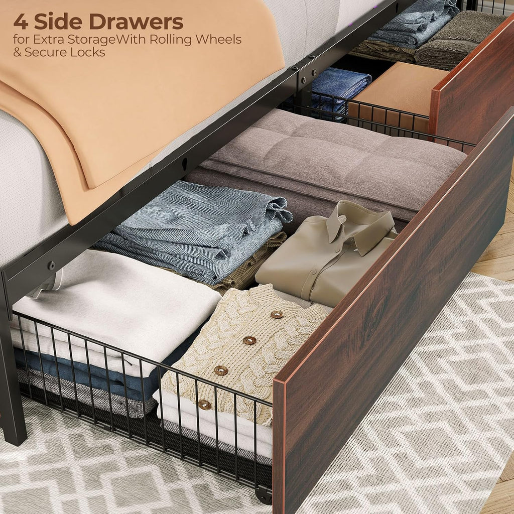 Rolanstar Full Size Bed Frame with 4 Storage Drawers & 2-Tier Storage Headboard, Metal Platform Bed Frame with Charging Station & LED Lights, Noise-Free, No Box Spring Needed, Easy Assembly, Espresso