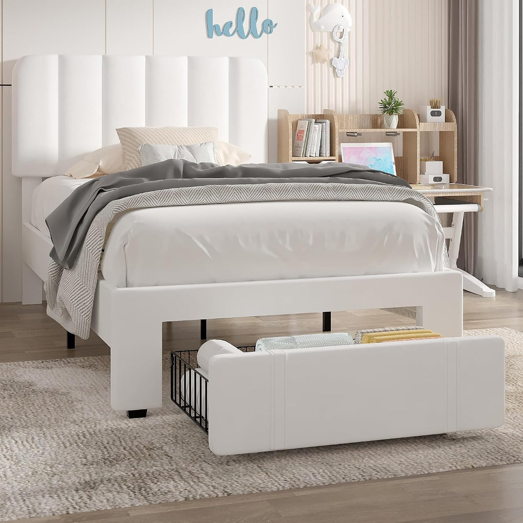 VECELO Twin Size Upholstered Bed Frame with Drawer and Headboard, Velvet Platform Storage Bedframe, Wooden Slats Support, No Box Spring Needed, White