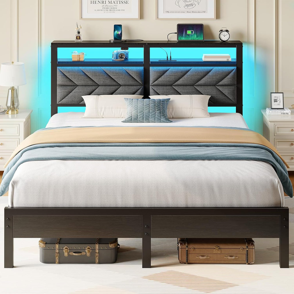 Seventable Bed Frame Queen Size with Charging Station, LED Bed with Upholstered Storage Headboard, Metal Platform Bed with Under Bed Storage, No Box Spring Needed, Noise Free, Easy Assembly, Grey