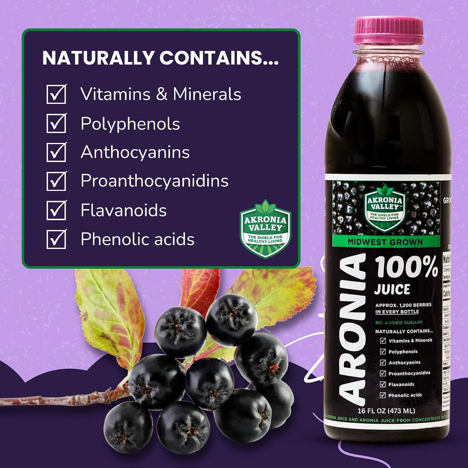 100% Aronia Berry Juice - Highest Antioxidant Superfood | 16 Fl Oz (Pack of 12) 110 Servings | Gluten-Free, No Sugar, Non-GMO Chokeberry Juice