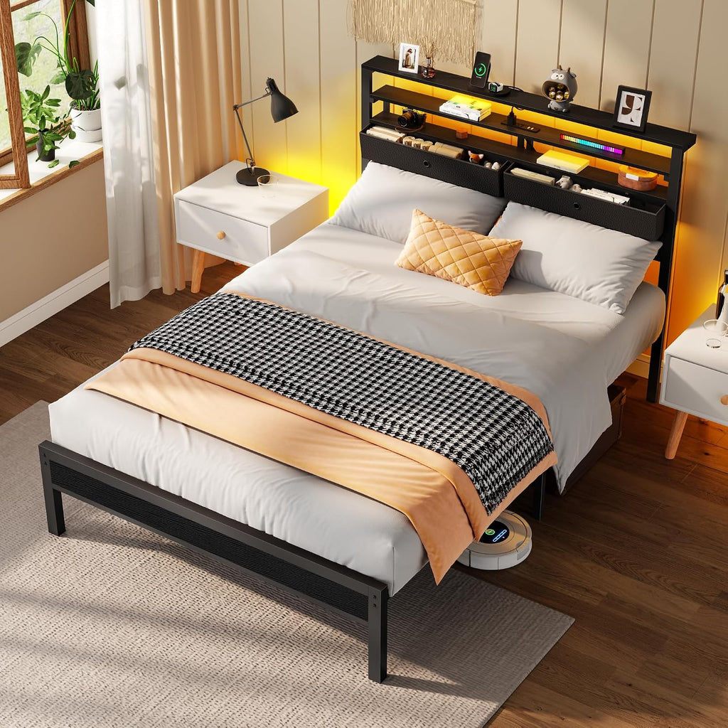 Furnulem Full Size Bed Frame with Headboard & 2 Fabric Drawers, Full Platform Bed Featuring LED Lights, Built-in Charging Station & Storage Shelves, Metal Slats, No Box Spring Needed – Black Oak