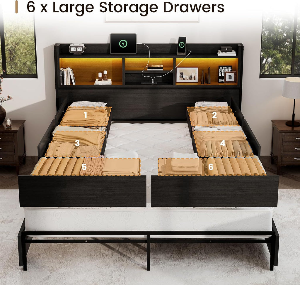 BRELTAM Queen Storage Bed Frame with 6 Drawers, USB Charging Station, No Noise, No Box Spring Required, Vintage Black Headboard Platform Bed