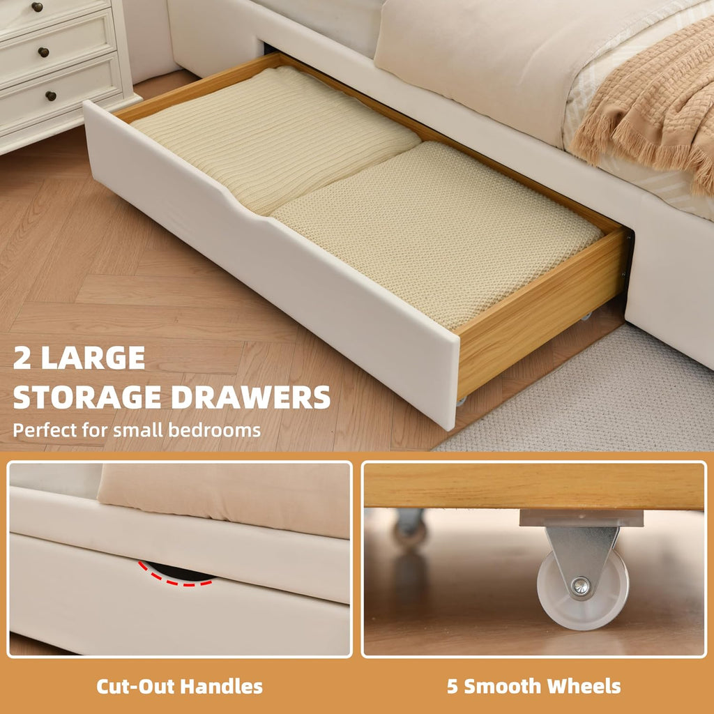 King Size Bed Frame with 63' Tall Headboard, Velvet Fabric Upholstered Platform Bed with 2 Large Storage Drawers, Deep Button Tufted, Wooden Slats, Easy Assembly, No Box Spring Needed, Cream