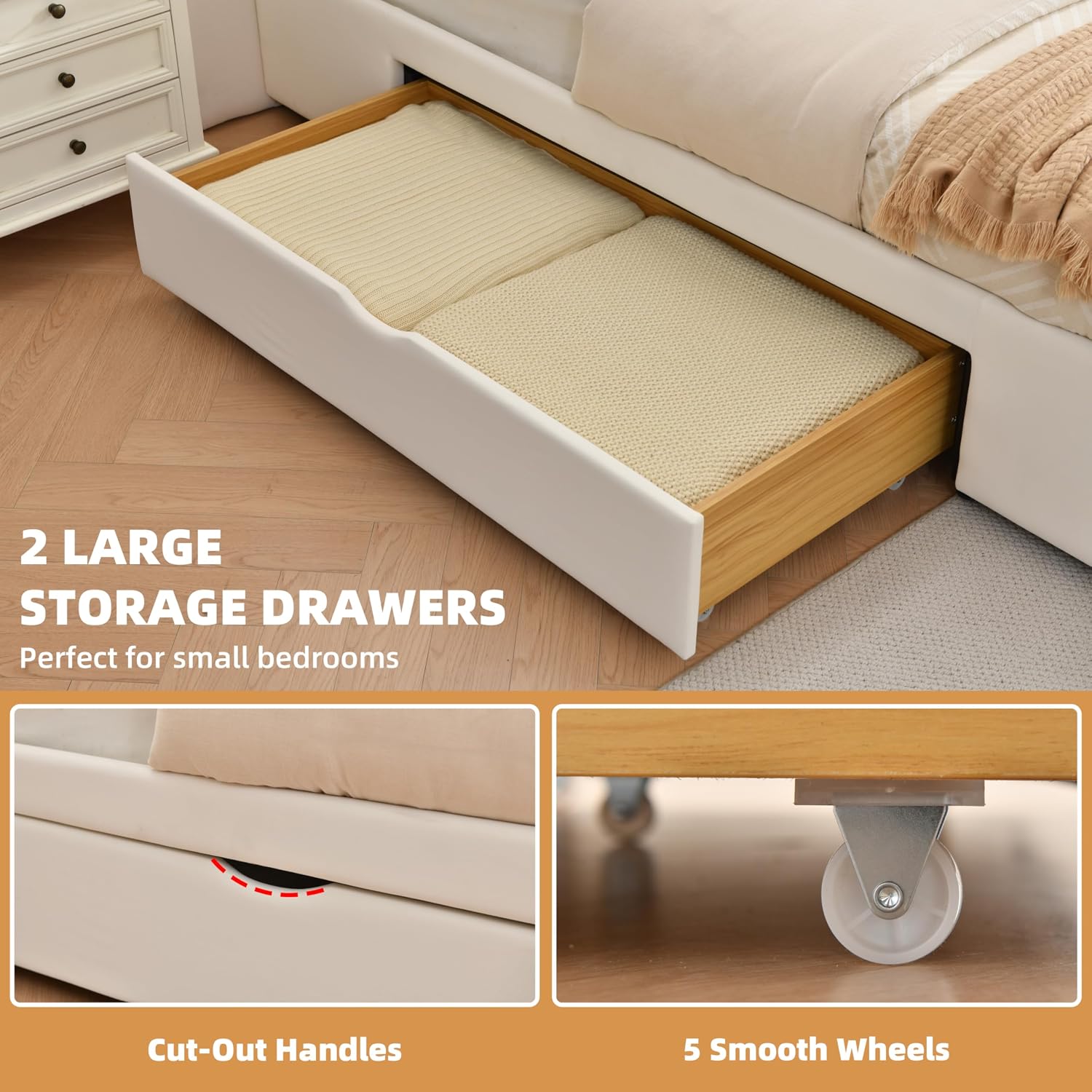 King Size Bed Frame with 63' Tall Headboard, Velvet Fabric Upholstered Platform Bed with 2 Large Storage Drawers, Deep Button Tufted, Wooden Slats, Easy Assembly, No Box Spring Needed, Cream