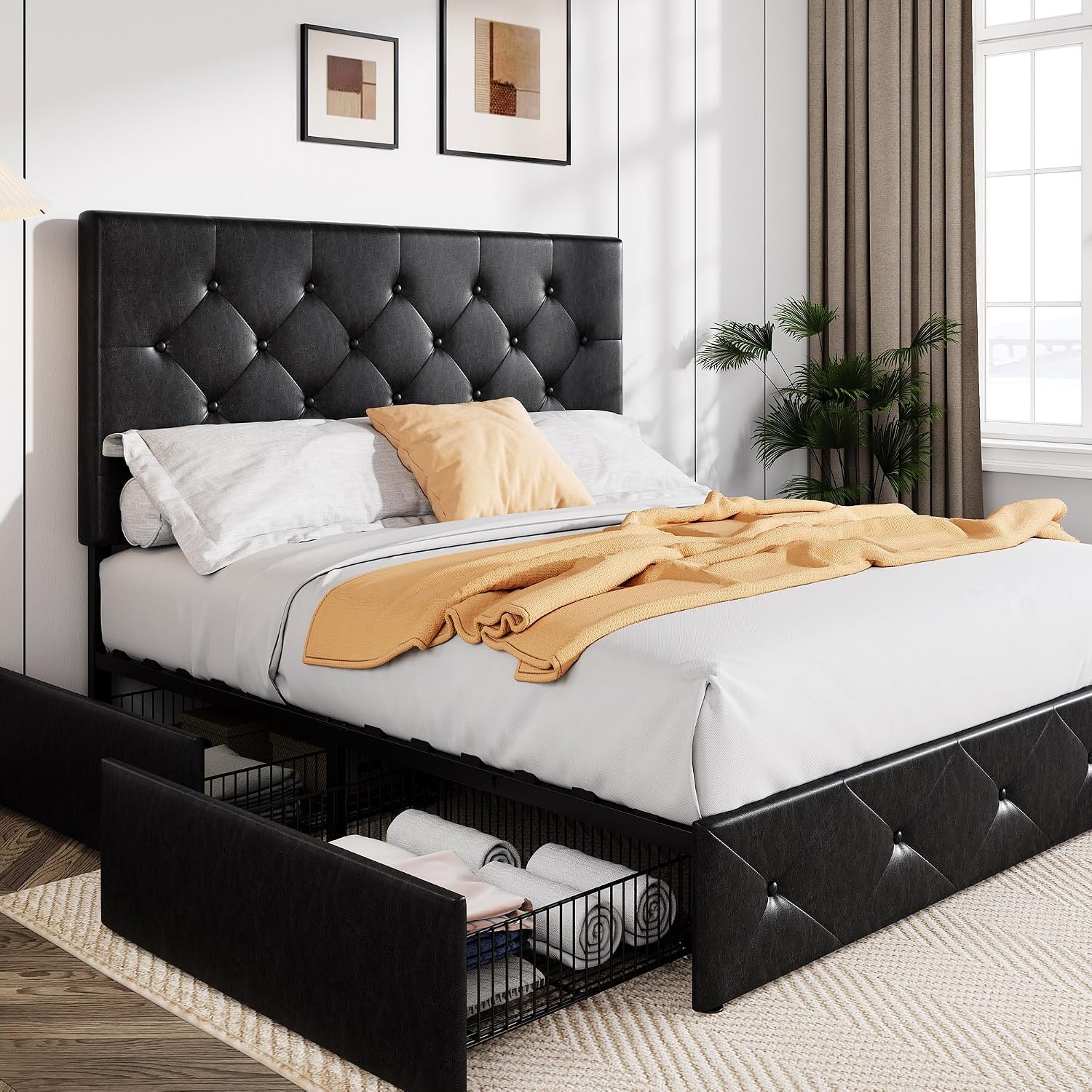 Allewie Upholstered Queen Size Platform Bed Frame with 4 Storage Drawers and Headboard, Diamond Stitched Button Tufted, Mattress Foundation with Wooden Slats Support, No Box Spring Needed, Black