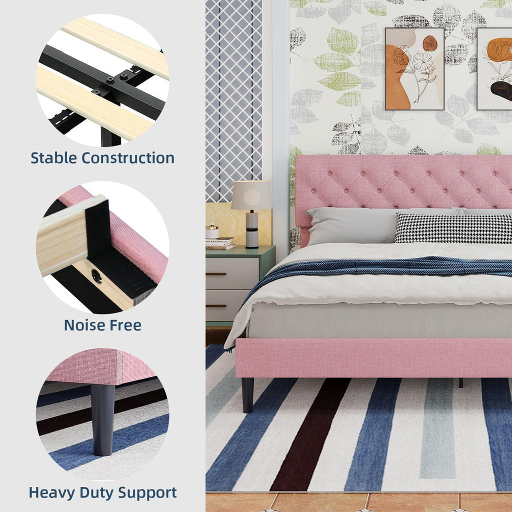 BarnFurin King Size Platform Bed Frame, Fabric Upholstered Bed with Button Tufted Headboard, Adjustable Headboard Design, Easy Assembly, No Box Spring Required, Pink
