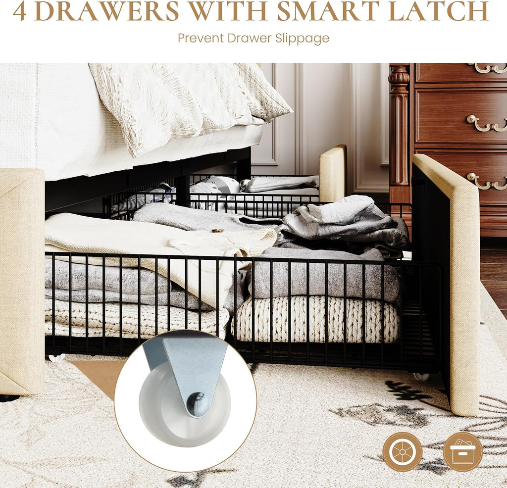 SHA CERLIN Upholstered King Size Platform Bed Frame with 4 Storage Drawers, Adjustable Headboard with Diamond Stitched Button Tufted Design, Wooden Slat Support, No Box Spring Needed, Beige