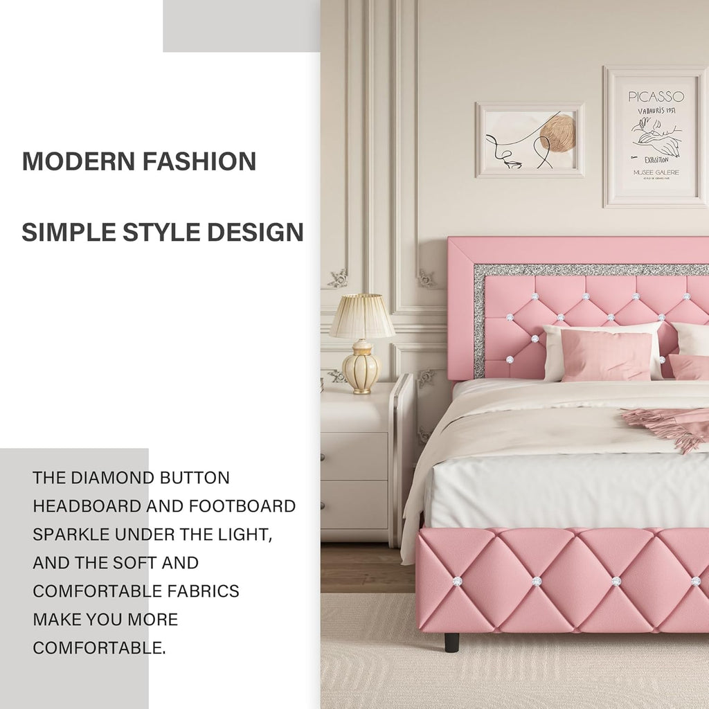 BarnFurin Full Size Bed Frame, Upholstered Platform Bed with Button Tufted Headboard, Princess Bed Frame with Diamond Design, No Box Spring Required, Easy Assembly, Pink