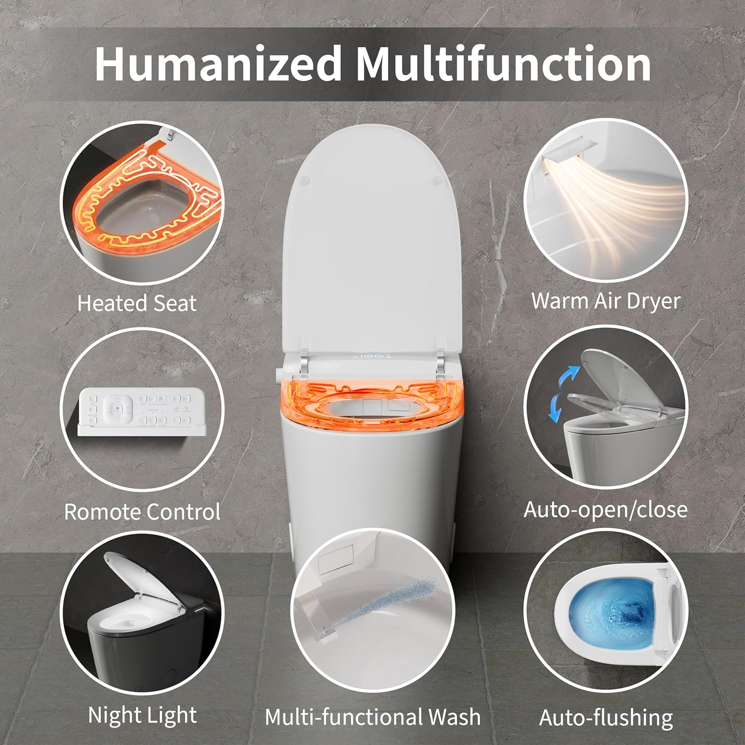 Luxury Smart Toilet, Bidet Toilet with Foam Dispenser, Auto Open/Close, MAP 1000g Powerful Auto-Flush, Warm Water/Dryer, ADA Chair Height Elongated Heated Seat, Deodorization