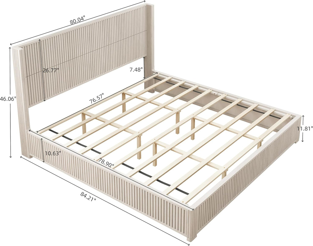 Solid Wood Platform Bed Frame with Headboard, King Size Bed Frame No Box Spring Needed, Floor Standing Wood Bed Frame, Easy Assembly Bedroom Furniture, Beige Finish