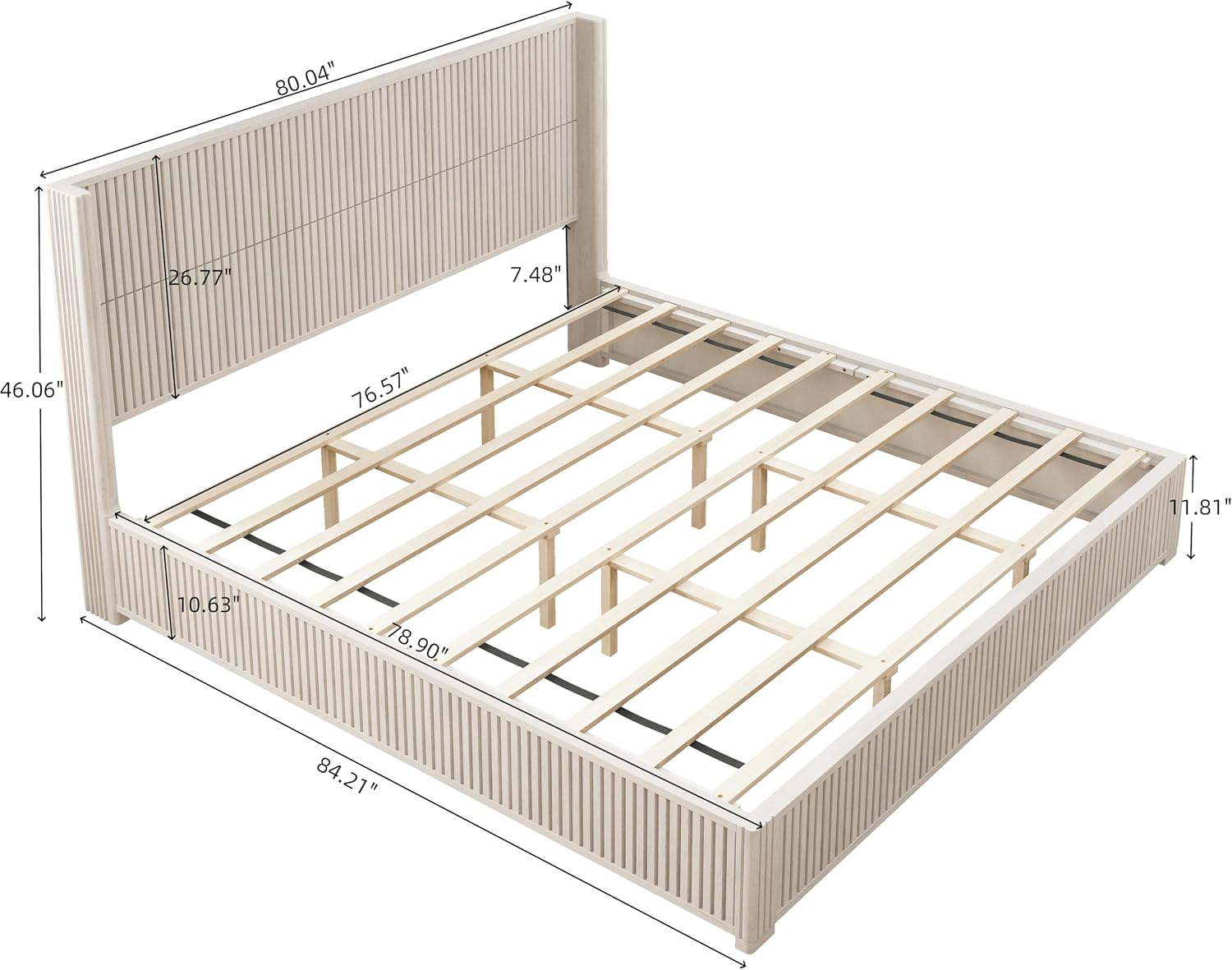 Solid Wood Platform Bed Frame with Headboard, King Size Bed Frame No Box Spring Needed, Floor Standing Wood Bed Frame, Easy Assembly Bedroom Furniture, Beige Finish
