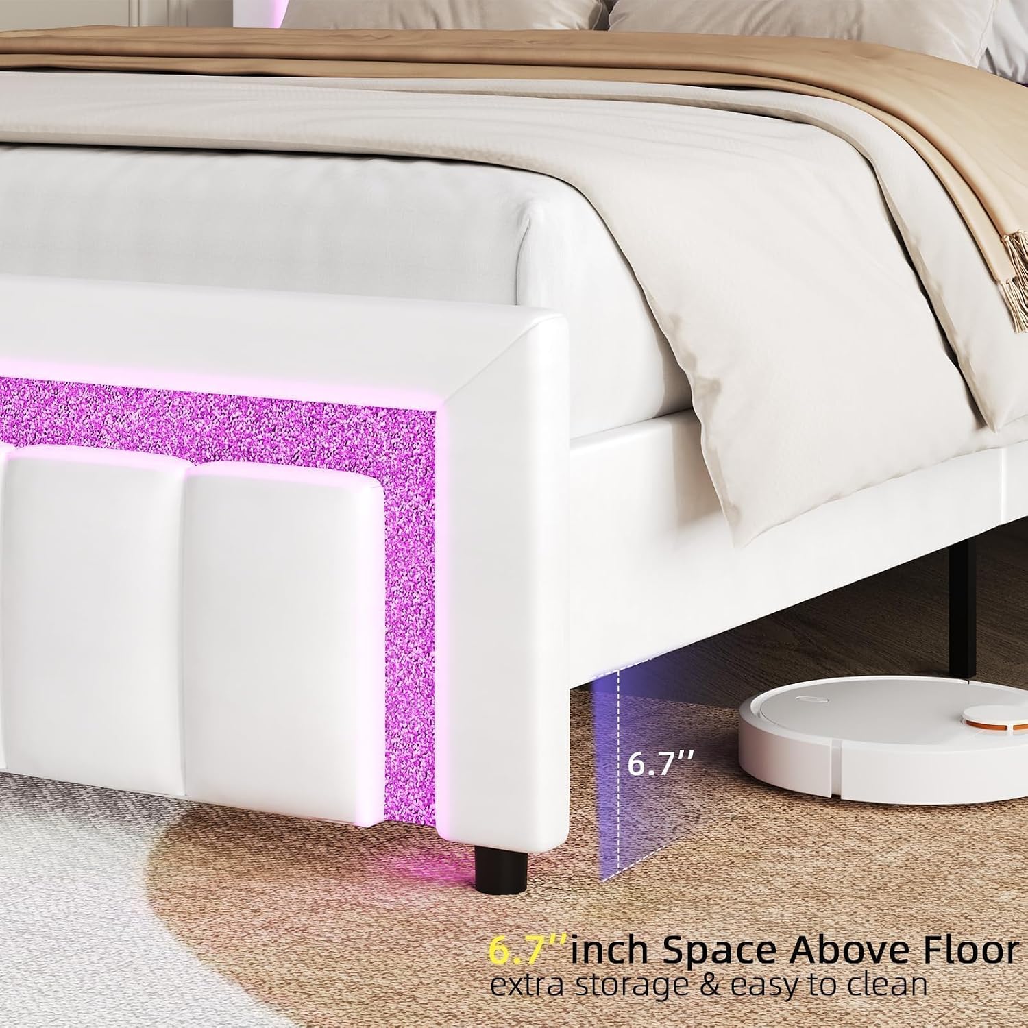 HOMBCK Full Bed Frame with LED Lights and Velvet Upholstered Adjustable Headboard, Bed Frame Full Size with Diamond Headboard & Footboard, Wood Slats Support, Noise Free, No Box Spring Needed, White