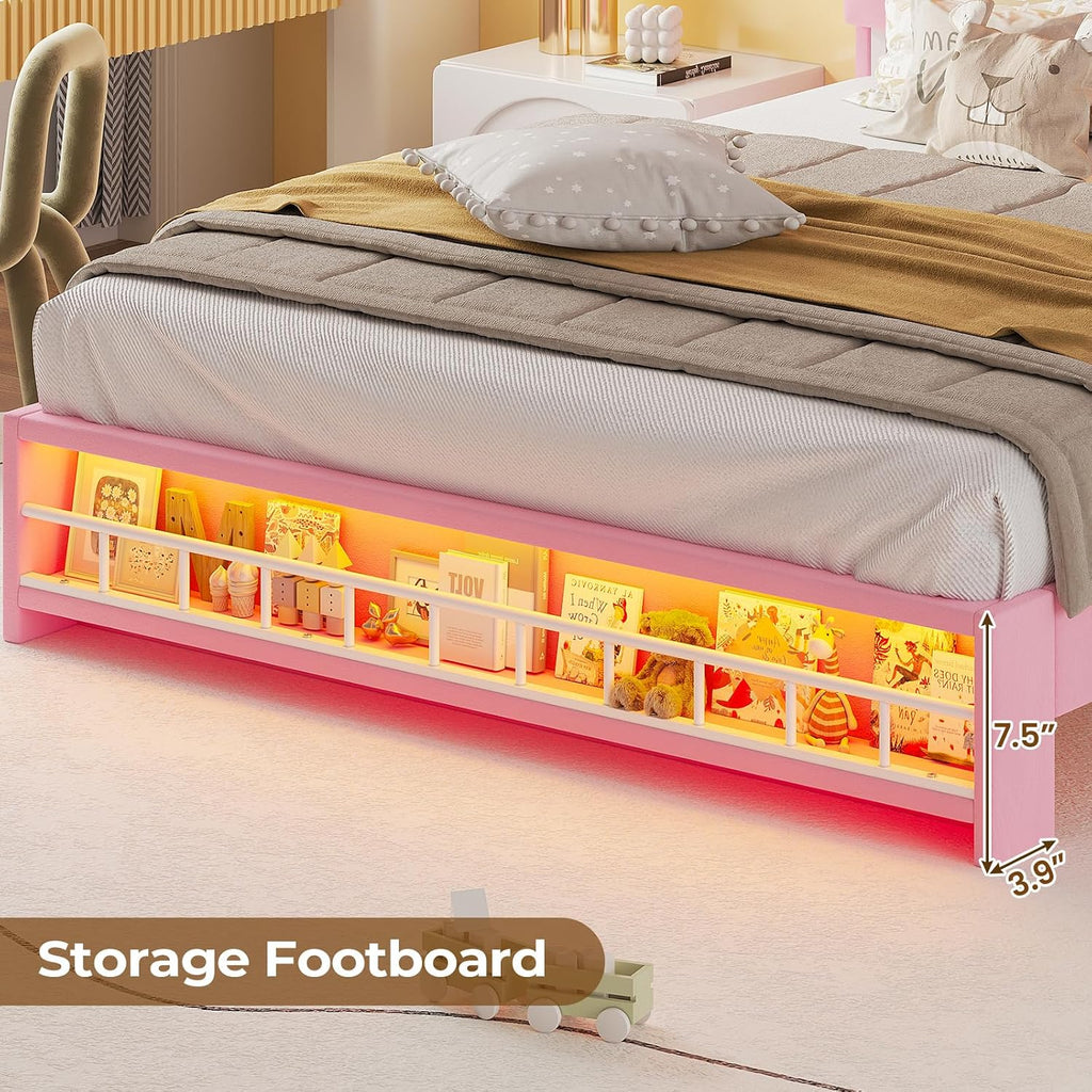 HAUOMS Full Bed Frame with LED Lights, Princess Velvet Upholstered Platform Bed for Girls, Headboard with Charging Station & Guardrail & Crystal Button, No Box Spring Needed, Pink