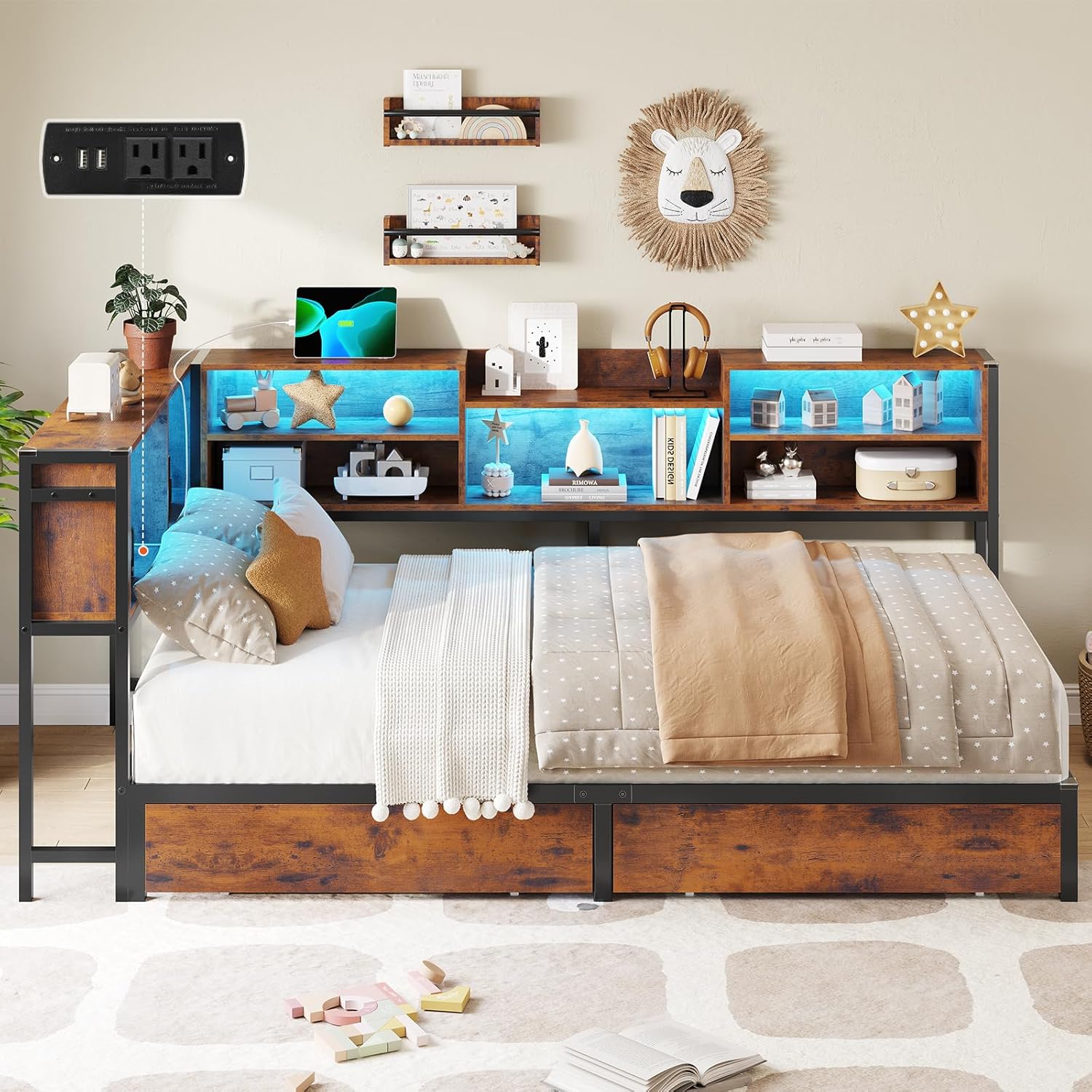 DICTAC Twin Corner Bed Frame with Bookcase Storage Headboard and Led Lights Twin Size Metal Platform Bed Frames with 2 Drawers and Charging Station,Twin Size Daybed with Storage for Kids Teen,Rustic